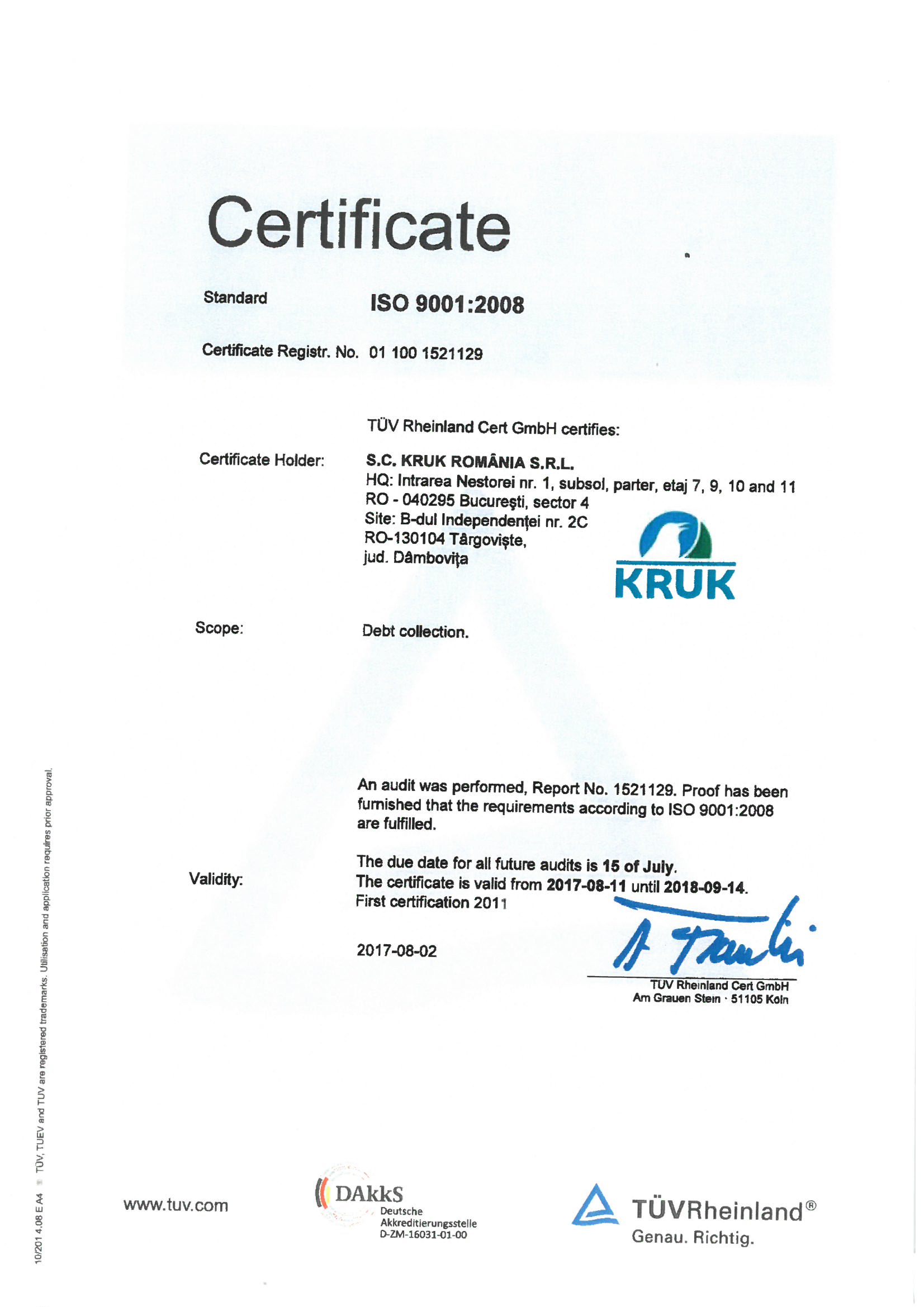 certificat ISO KRUK ROMania