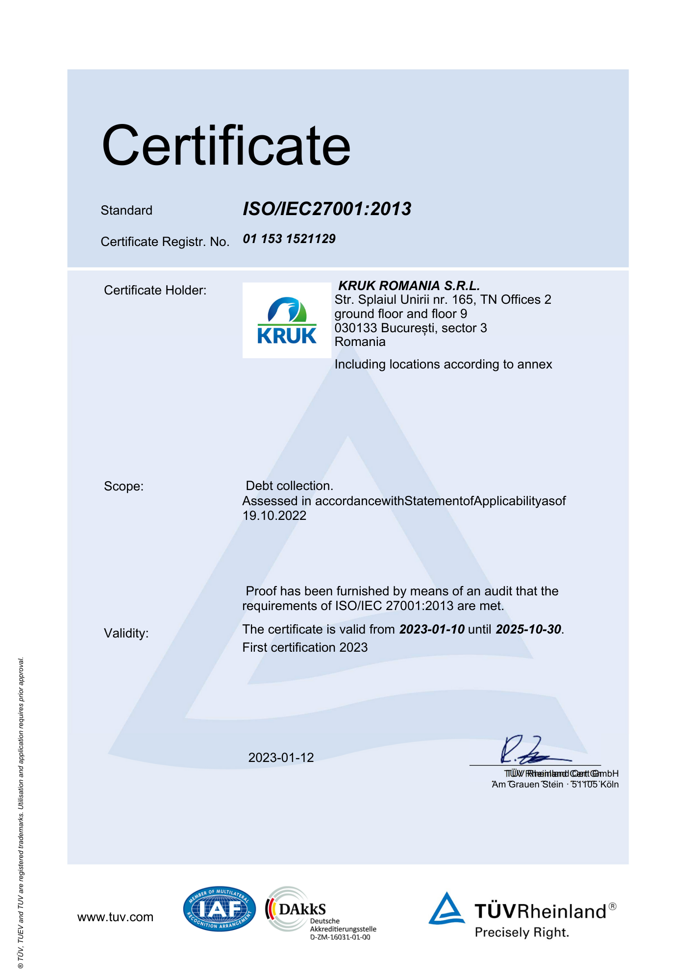 certificat ISO KRUK ROmania